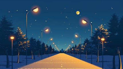 A pathway lined with solar street lights casting a warm and welcoming light for pedestrians at night. . .