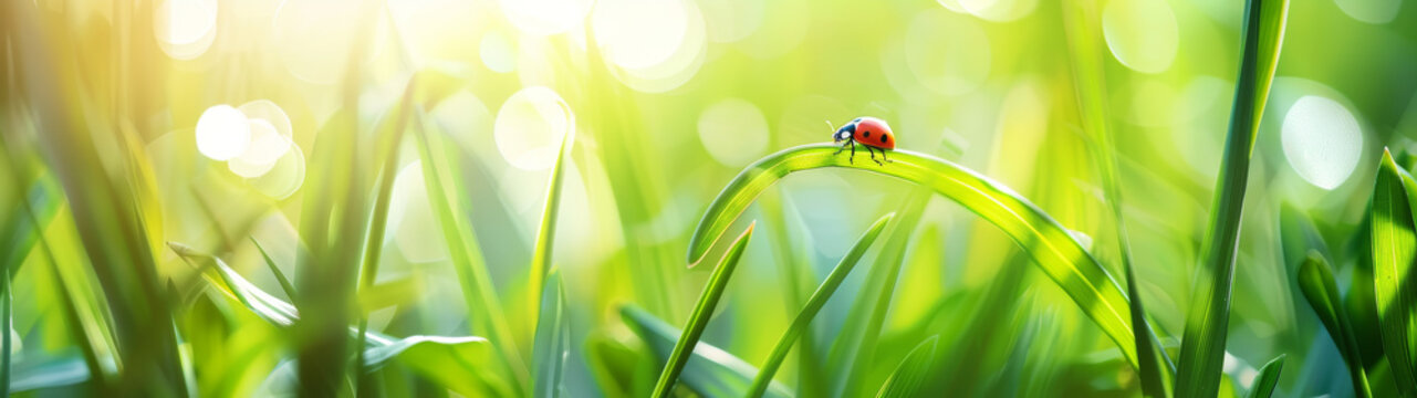 This image captures a ladybug perched on a curving green leaf, bathed in beams of sunlight