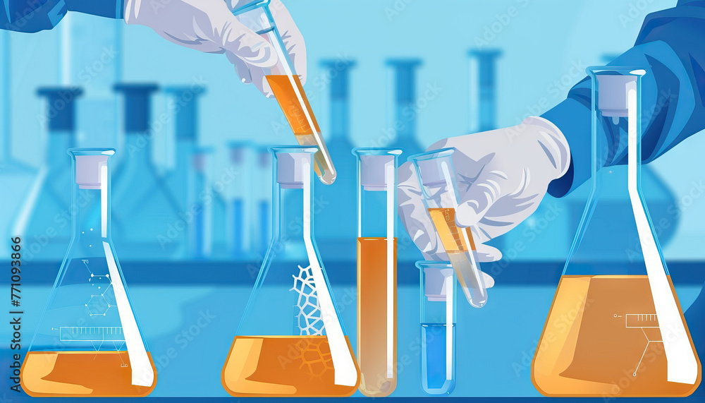 Poster innovative technology: scientists using glassware to experiment with liquid chemicals and analyze dn