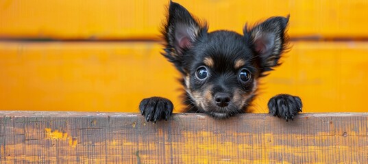 Curious puppy peeking with paws up over yellow wooden background, with copy space.