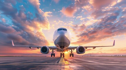 Airplane on runway during a dramatic sunset, Concept of travel, adventure, and the excitement of journey
 - obrazy, fototapety, plakaty