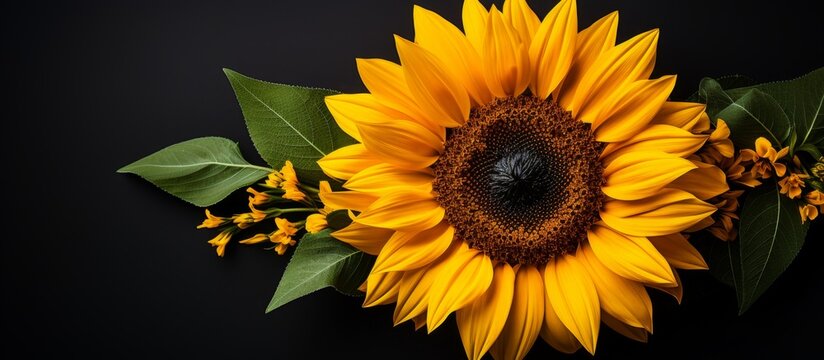 Macro photography of a sunflower with leaves on a black background, showcasing the vibrant colors of the flower. Perfect for events or cuisine inspiration