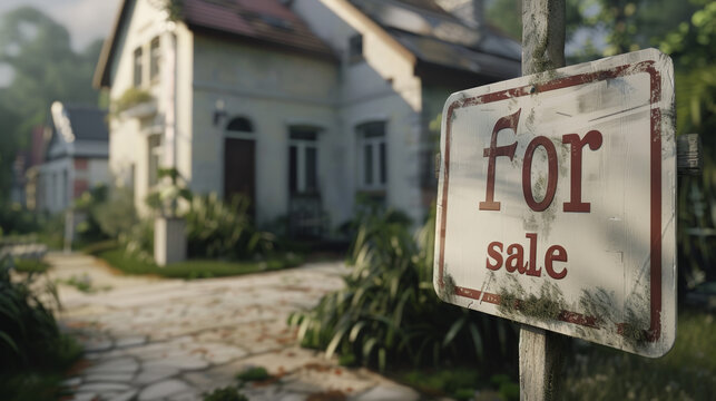 This old, stained 'for sale' sign stands in stark contrast to the charming and well-maintained vintage house behind it