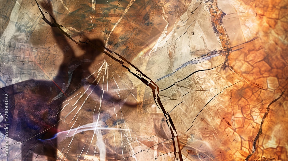 Poster abstract reflection of a dancer in a cracked mirror on a dynamic, textured background: a dynamic ima