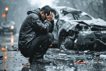 Emotional aftermath: Man in anguish beside crashed car, grappling with the aftermath - obrazy, fototapety, plakaty