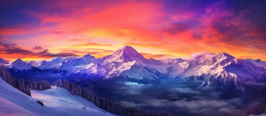 A picturesque natural landscape with a snowy mountain range painted against a colorful sunset sky. The geological phenomenon creates a breathtaking horizon - Powered by Adobe