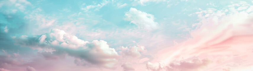 A cotton candy-like cloudscape invites feelings of wonder and tranquility, blending pink and blue hues - obrazy, fototapety, plakaty