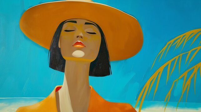 Woman in hat at seaside resort. Vibrant Guash illustration. Bright colors.