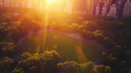 This image showcases golden sunlight bathing the open spaces and trees of a city park filled with resting people