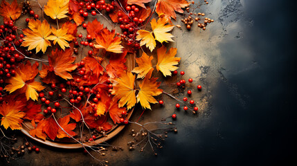 Naklejka na ściany i meble A picturesque arrangement of autumn leaves and berries adorns a wooden table, evoking the cozy ambiance of the fall season.