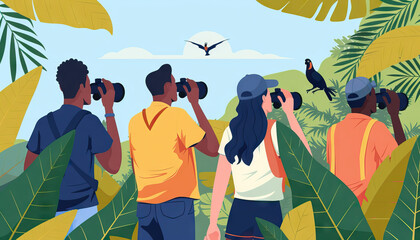 Preserving Wildlife: Conservationists Observing Endangered Species with Binoculars. Group of Environmentalists Studying Wildlife Flat Vector Illustration. Conservation, Wildlife Protection, Ecology Co