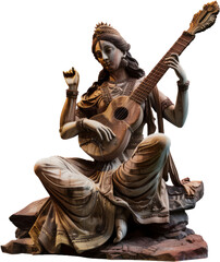 Saraswati traditional Indian woman playing sitar cut out on transparent background