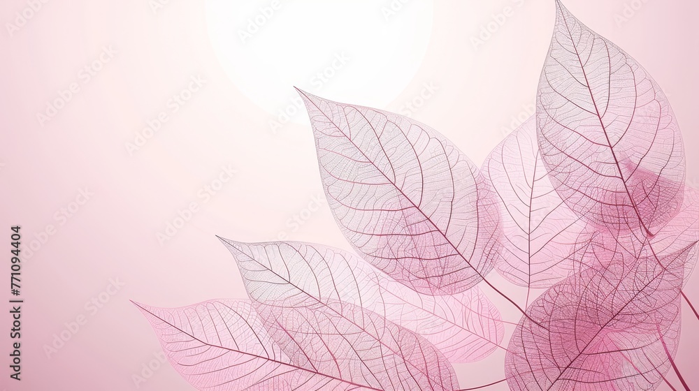 Poster delicate pink skeleton leaf texture background with intricate veins pattern for design projects