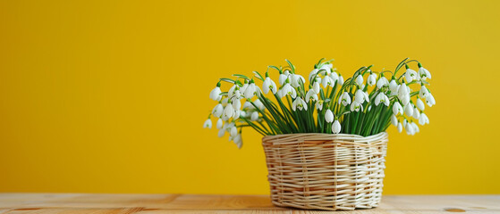 Fresh snowdrops in a rustic wicker basket placed on a natural wooden table with a yellow background