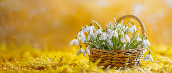 A captivating scene of a basket filled with snowdrops bathed in the golden sunlight hinting at the arrival of spring