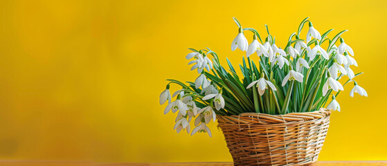 Snowdrops in a handcrafted basket, presenting a stark contrast with a vivid yellow background