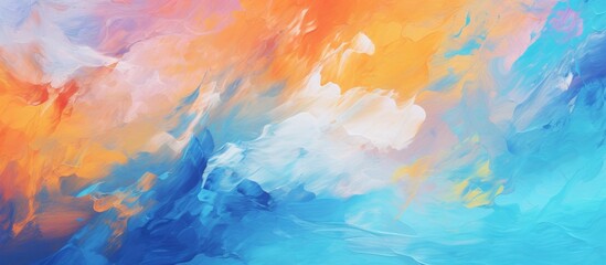 A vibrant painting featuring a closeup of colorful cumulus clouds set against a blue and orange sky. The natural landscape evokes a sense of art and beauty in the afterglow - obrazy, fototapety, plakaty