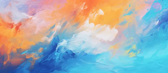 Deurstickers A vibrant painting featuring a closeup of colorful cumulus clouds set against a blue and orange sky. The natural landscape evokes a sense of art and beauty in the afterglow © AkuAku
