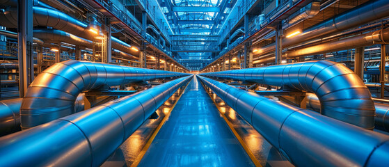 An immaculate display of blue pipelines stretching through an industrial hall, reflecting a sense of precision and technological innovation
