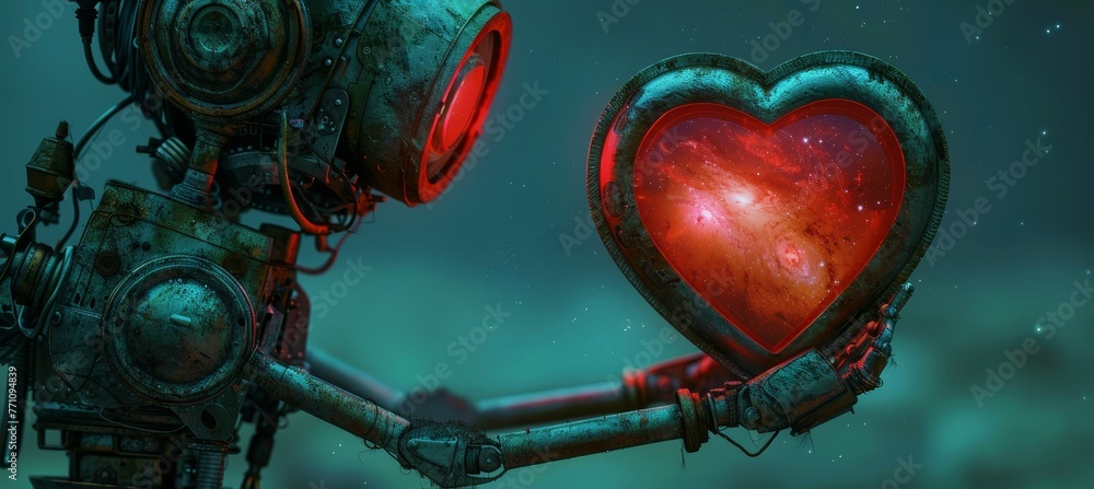 Poster intrepid astronaut floating in space with glowing heart in hand, surrounded by stars and galaxies