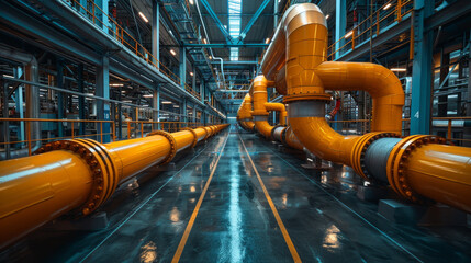 A clean and well-lit corridor showcasing the vibrant yellow pipes of an industrial plant