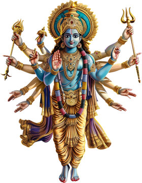 Vishnu Winged deity figure in Hindu mythology with diya and damaru cut out on transparent background