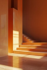 The serene orange ambiance of a staircase bathed in warm sunlight with contrasting shadows. The play of light and shadow creates a geometric pattern across the steps and the adjacent wall.