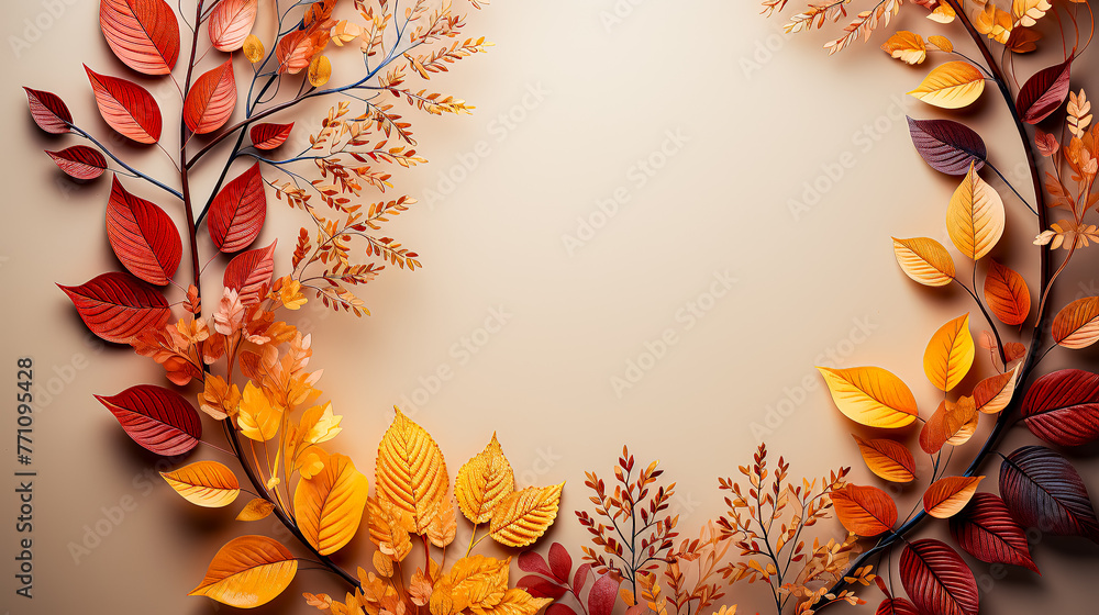 Poster a circle of leaves with a red and orange color scheme. the leaves are arranged in a spiral pattern
