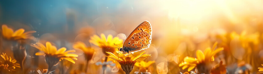 A serene butterfly delicately lands on vivid yellow blossoms complemented by a dreamy blue background, symbolizing renewal - obrazy, fototapety, plakaty