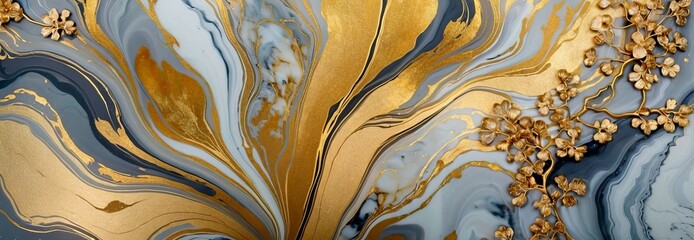 Elegant texture of gold and gray marble. Luxury gold and black marble pattern, oil paint, alcohol ink style. Background and wallpaper concept.