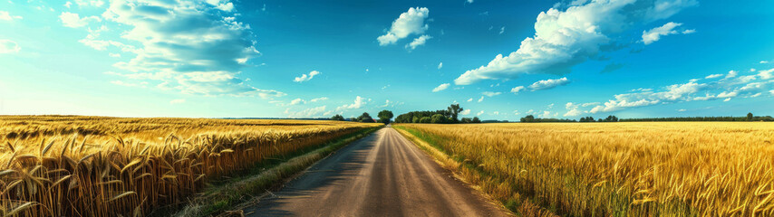 A serene country road runs between lush golden fields under a blue sky with clouds, depicting tranquility in nature - obrazy, fototapety, plakaty