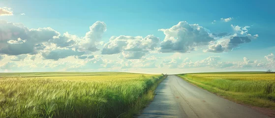 Fotobehang A picturesque road dividing a contrast of lively green and yellow fields beneath a scattered cloud sky © Daniel