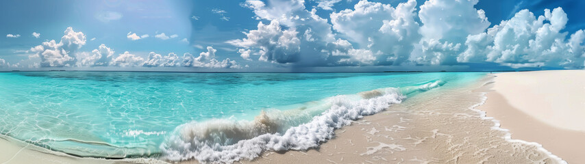 A stunning panoramic seascape depicting invigorating waves crashing onto the pristine sandy shores beneath an expansive blue sky with fluffy clouds
