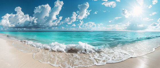 An energizing panoramic image of a vibrant beach with crystal clear waves rolling in, a soft sandy shoreline, and the sun shining brightly in the sky