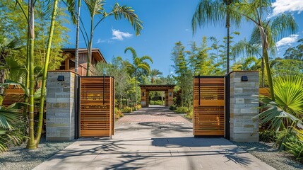 A main gate crafted from sustainable materials such as bamboo or reclaimed wood, showcasing the homeowners' commitment to eco-friendly living and contemporary design in - obrazy, fototapety, plakaty
