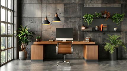 modern home office with desk and computer, Industrial style