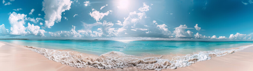 A panoramic sight of a breathtaking beach with foamy waves gently lapping the shore under a beautifully lit sky