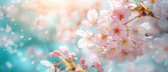 Vivid pink cherry blossoms against a blue bokeh background, reflecting freshness and natural beauty
