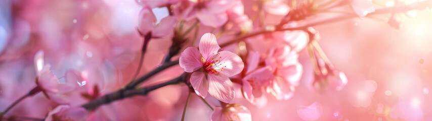 Fototapeta na wymiar Beautiful close-up of a cherry blossom branch highlighted by a soft, enchanting light that emphasizes the delicate pink petals