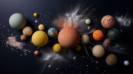 An artistic arrangement of spherified ingredients that mimic the planets, set against a dark background --ar 16:9 --quality 0.5 --stylize 0 Job ID: c3b10028-79cc-40f6-976c-8eba1de38aa0