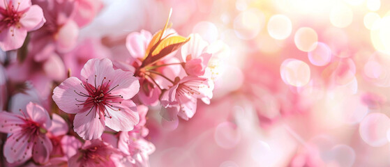 This image captures the delicate beauty of pink cherry blossoms in full bloom against a dreamy, soft-focused background - obrazy, fototapety, plakaty