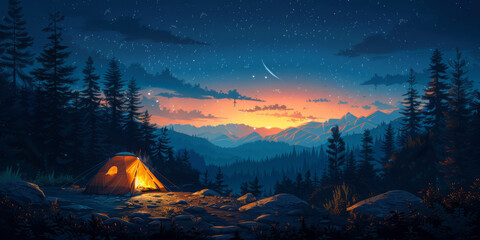 tent camp and sunset sky - obrazy, fototapety, plakaty