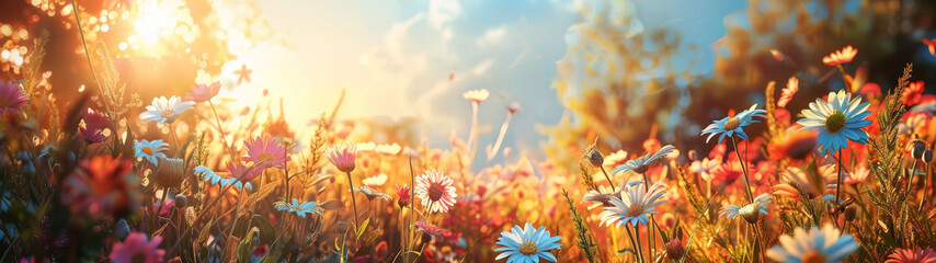 A wildflower field glows under the warm, golden light of sunset, symbolizing hope and the end of a day - obrazy, fototapety, plakaty