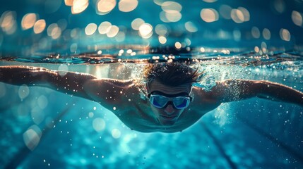 A man is having fun swimming underwater in the aqua electric blue swimming pool - obrazy, fototapety, plakaty