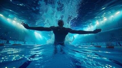 Man underwater in an aqua pool, arms outstretched in a gesture of symmetry