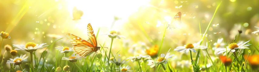 Keuken spatwand met foto Morning sun softly illuminates butterflies and flowers in this lively, blooming meadow © Daniel