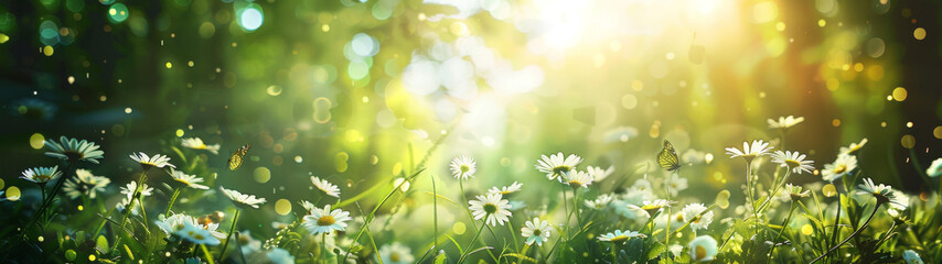 Gentle daisies emerge from a green backdrop, embraced by the sparkling radiance of the morning light - obrazy, fototapety, plakaty