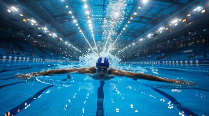 Fotobehang A man swims in electric blue water, enjoying leisure in a symmetrical pool © yuchen