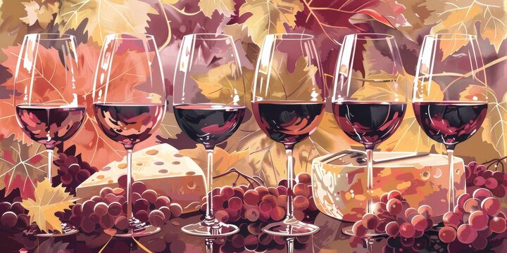 Abstract illustration of a wine tasting event, Stylized wine glasses and bottles set amongst grapes and cheese, reflecting an autumnal theme with rich, warm colors