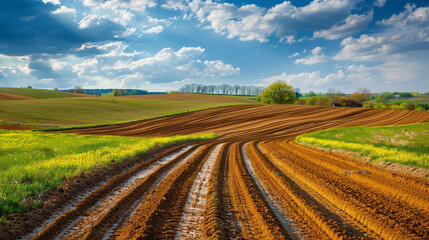 This captivating image showcases a freshly plowed field with the rich brown earth contrasted against a vivid blue sky and fluffy clouds